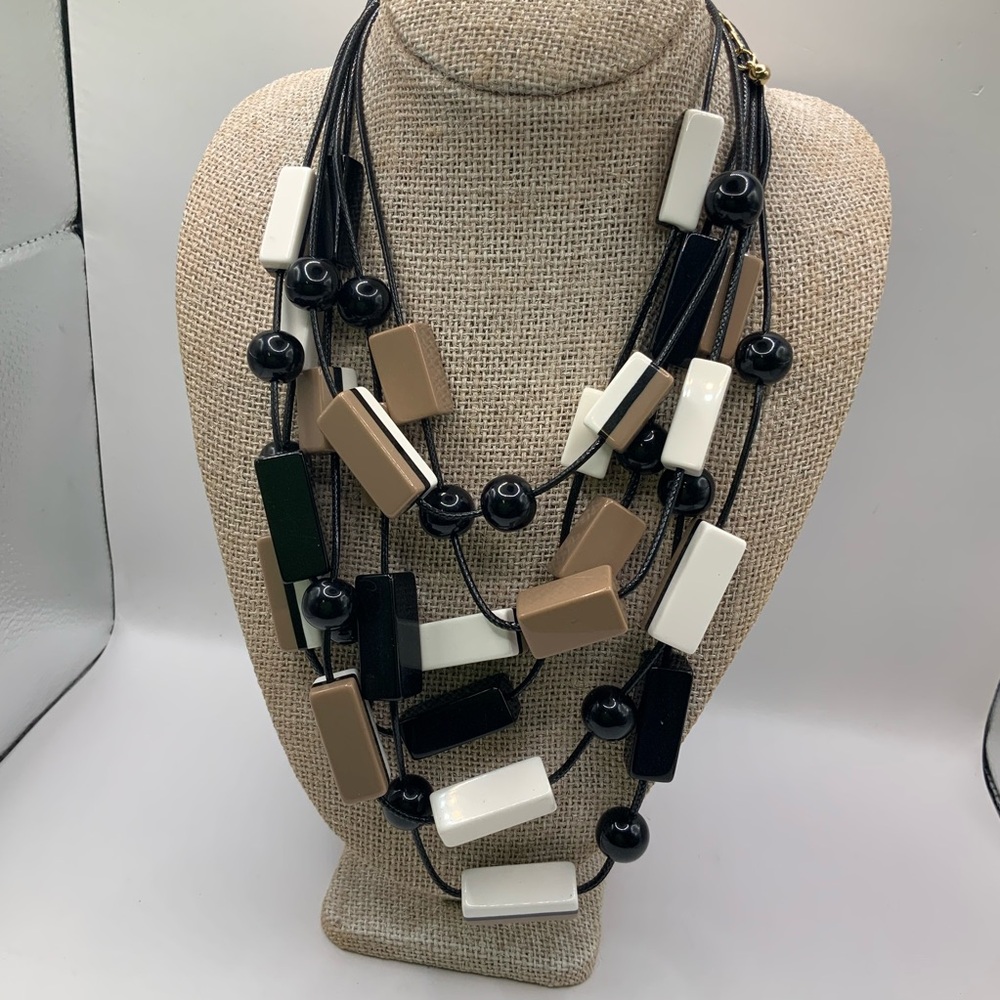 Chico's Multi Strands Acrylic Block Black Tan White Beaded Necklace - Picture 3 of 5